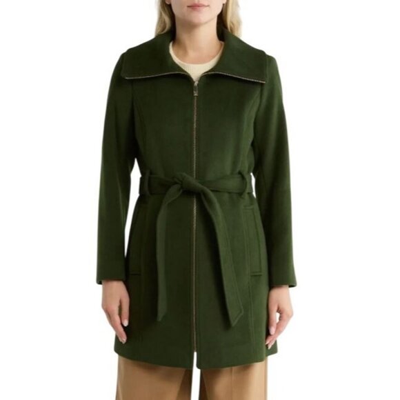 Michael Kors Womens Green Full Zip Belted Wool Blend Mid Length Coat Sz XL New - Picture 1 of 10